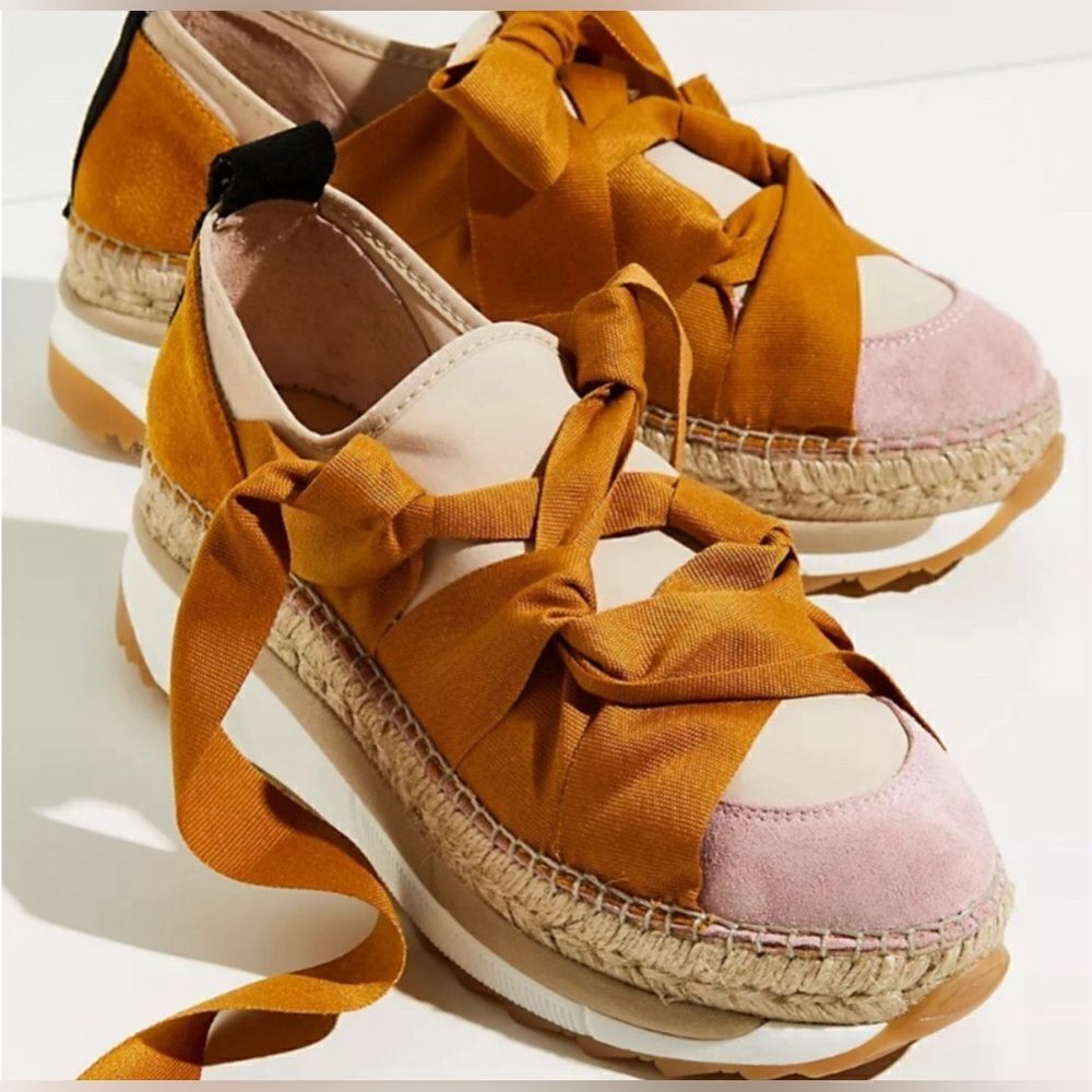 Free People Ribbon-Lace Espadrille Sneakers in Mustard, Blush & Cream size 39